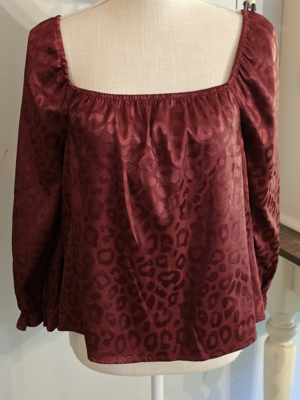 Women’s Silky Burgundy Leopard-Print Square Neck Blouse